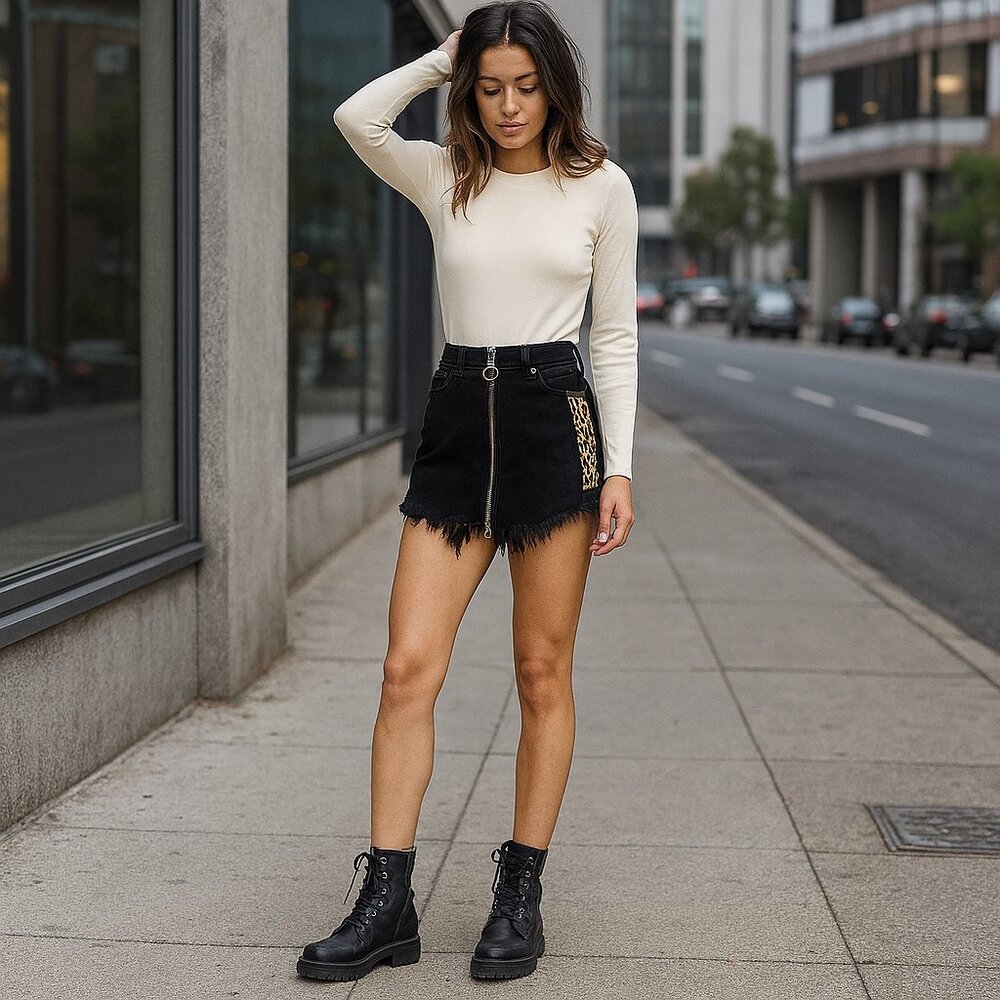 Black Denim Grunge Carmar Beatrice Zip Up Mini Skirt Leopard Trim Frayed Hem